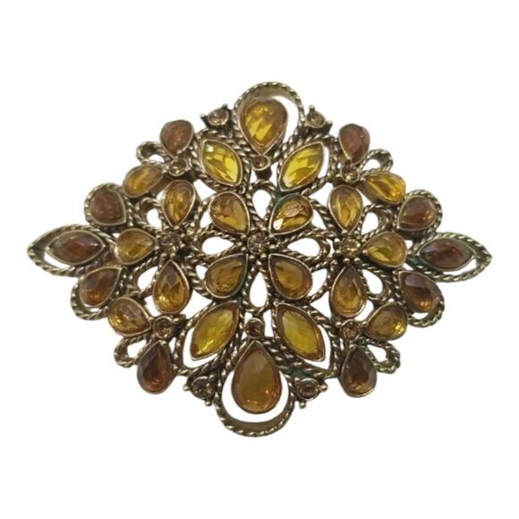 Monet Brooch Pin Crystal Brown  Gold Teardrop Round Oval Twisted Gold Brooch Pin - Picture 1 of 9
